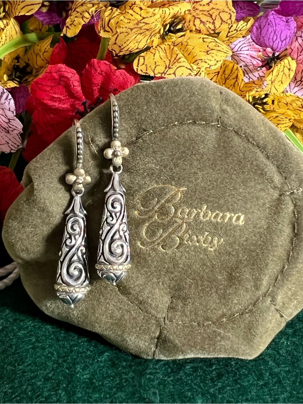Barbara Bixby SS 925 and 18k Floral Etched Drop Earrings